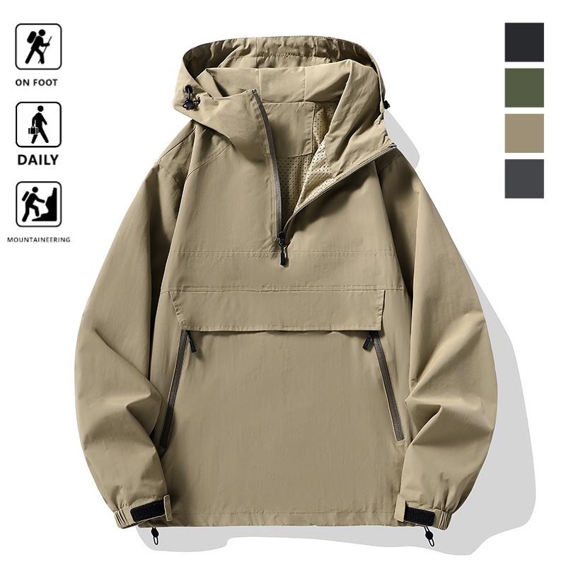 Half Zipper Mountain Style Loose Fit Pullover Hooded Outdoor Casual Autumn Trendy Brand Men's Jacket - Men's Jackets - Men's Clothing