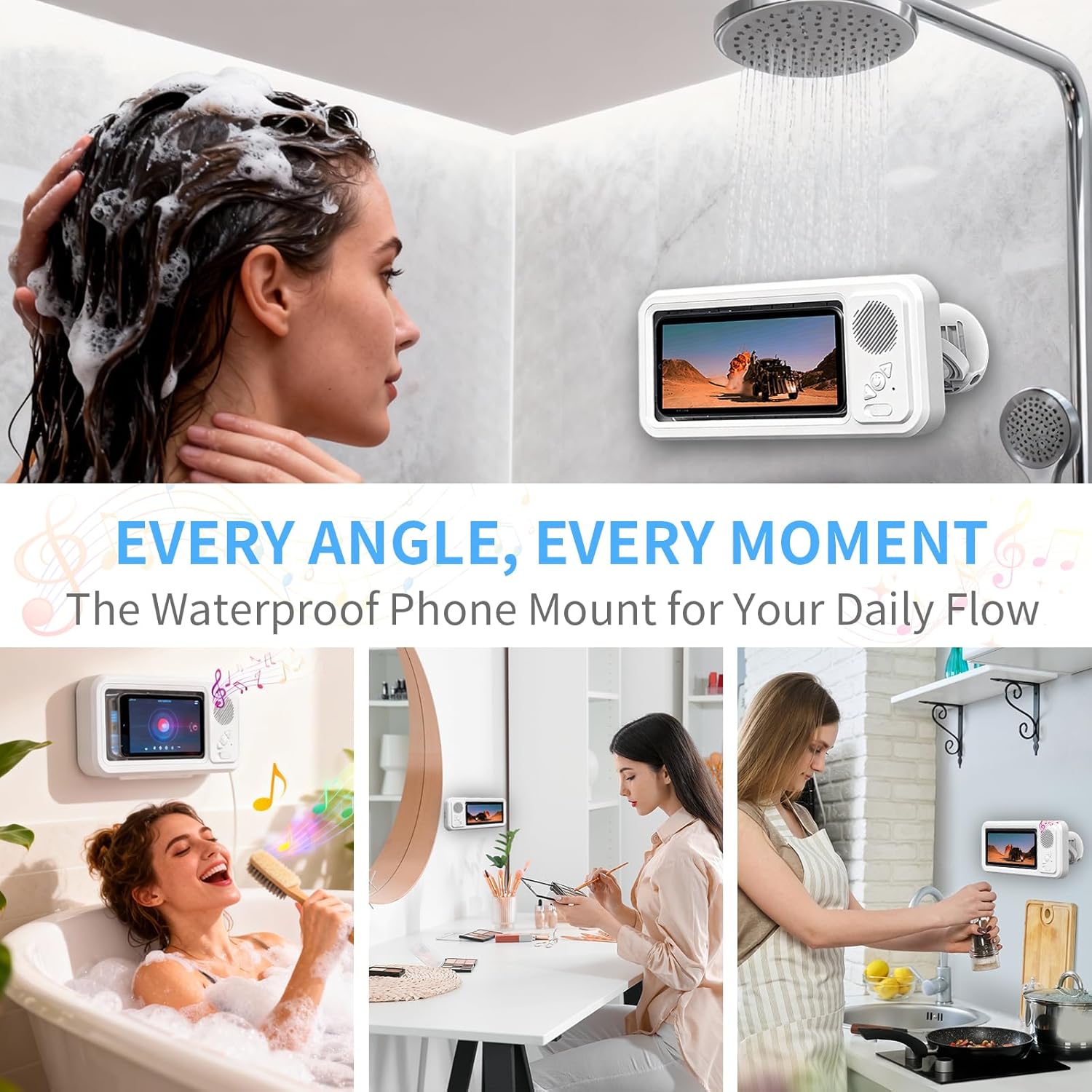 Shower Time Just Got Better!Waterproof Phone Holder with Bluetooth Speaker, 360°Rotation, Touchscreen Friendly for Bathroom, Kitchen, Pool Shower Time Just Got Better!Waterproof Phone Holder with Bluetooth Speaker, 360°Rotation, Touchscreen Friendly for Bathroom, Kitchen, Pool