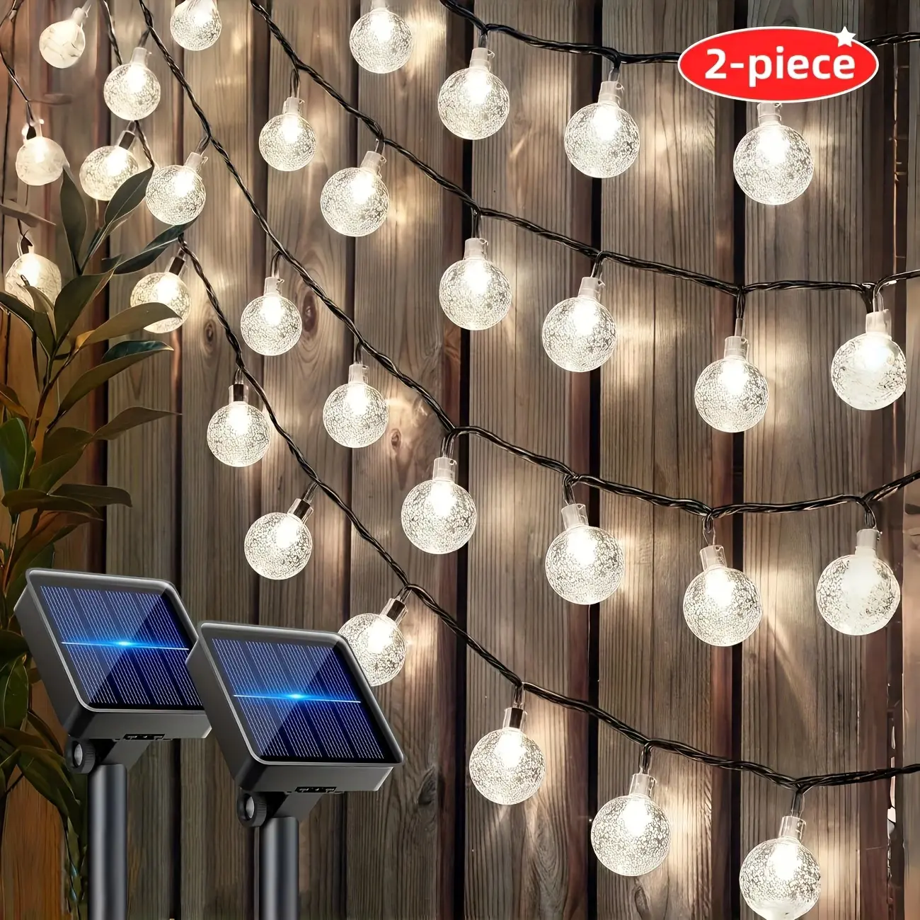 2-Piece Boxed Solar Outdoor Round Bulb Ball Garland Decorative Lights - 39ft 100-Light String, IP44 Waterproof, 4-Season White Glow, Valentine's Day Outdoor Ambience Decor