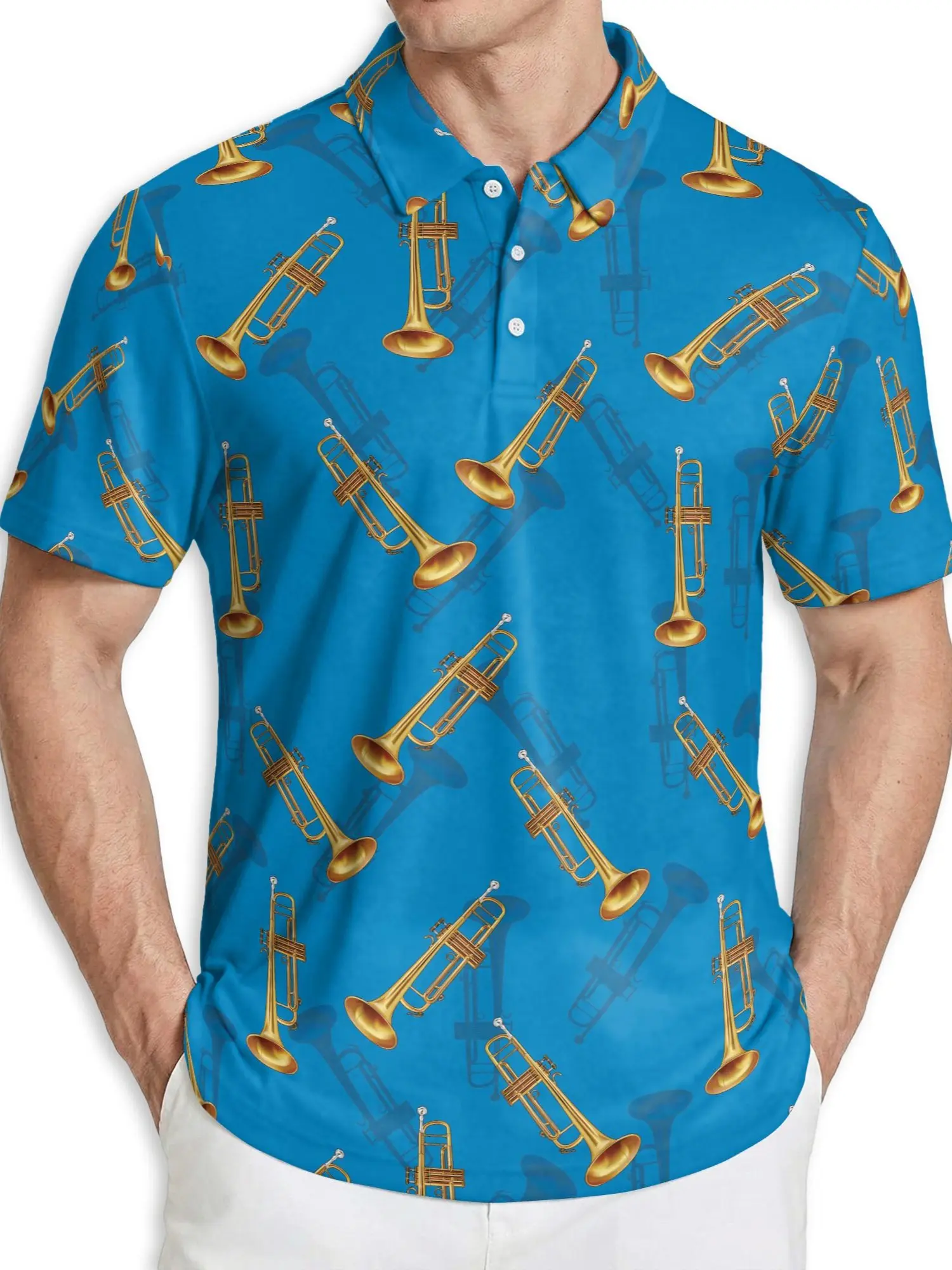 Music Polo Shirt Men Trombone Pattern Golf Shirt Short Sleeve Casual Summer Shirt