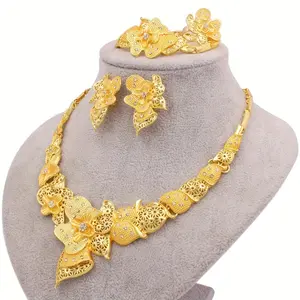 2026 New Model 4pc Middle Eastern 24K Gold Plated Jewelry Set Necklace Earrings Ring Bracelet Gift for European American Nigerian Bride Minimalist Stylish Luxury Party Dainty Zircon Anniversary Engagement Fashion Crystal