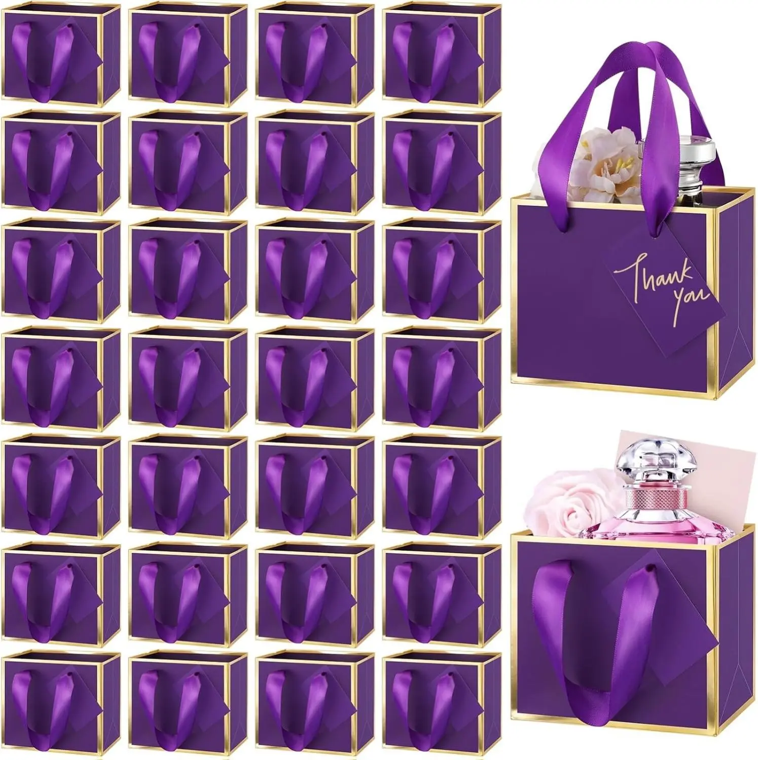 Yeaqee 50 Pcs Mini Metallic Foil Gift Bags with Handles 4x4.75x2.25'' Tiny Thank You Favor Bag Bulk with Tag for Father's Day Graduation Wedding Birthday Bridal Shower Party Favor Purple Gold Small