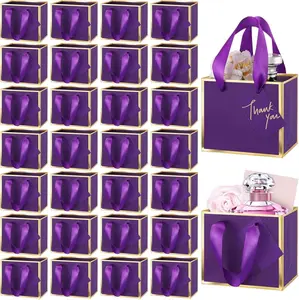 Yeaqee 50 Pcs Mini Metallic Foil Gift Bags with Handles 4x4.75x2.25'' Tiny Thank You Favor Bag Bulk with Tag for Father's Day Graduation Wedding Birthday Bridal Shower Party Favor Purple Gold Small