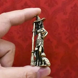 Brass Witch Lady Statue, European Vintage Style, Holding Broomstick, Holding Magic Book, Cat Design, Creative Home Decor, Holiday Gift