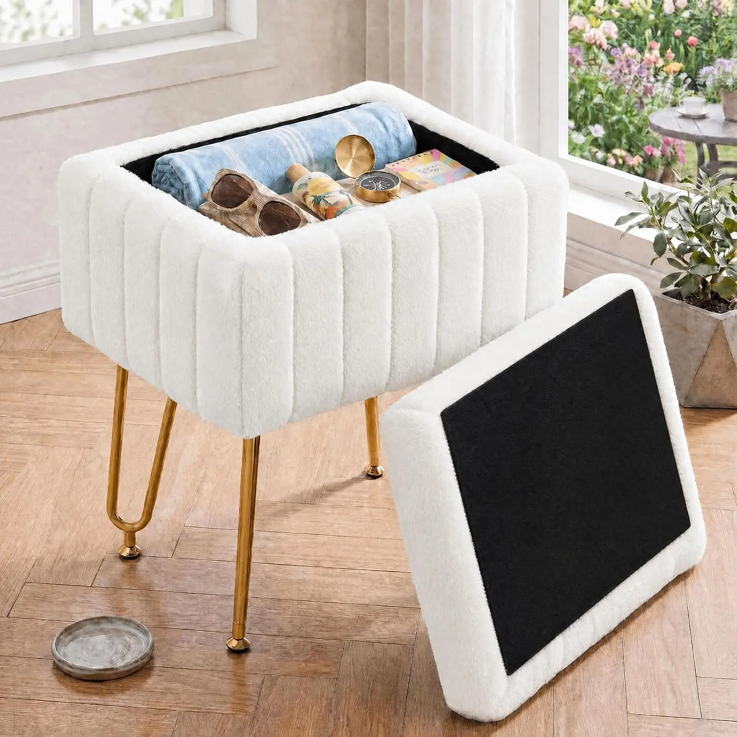 Faux Fur Vanity Stool with Storage Soft Padded Makeup Ottoman 4 Metal Legs Anti Slip Adjustable Feet Multifunctional Seat Bedroom Entryway Home, Bathroom, Coffee Table