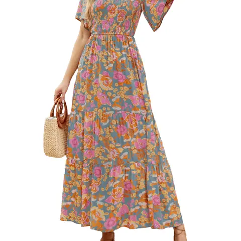 ZEAGOO Women's 2026 Summer Boho Floral Print A-Line Maxi Dress - Short Flutter Sleeves, Crew Neck, Shirred Elastic High Waist, Stretchy Fabric, Beads, Ruched Ruffle, Tiered Fit, Belly-Friendly, Boho Clothes for Women, Hang Dry, for Holiday, Going Out