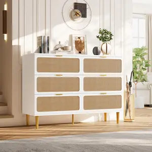 Wooden Rattan 5 Drawer Dresser for Bedroom, Chest of Drawers with Deep Storage, Large Double Dresser for Closet with Wide Surface, Horizontal Dresser for Living Room, Hallway, Kids Room, Natural