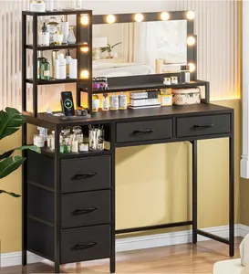Vanity Desk with Mirror & Lights, 3 Color Modes (Adjustable Brightness), 5 Spacious Fabric Drawers & Open Shelves, Modern Makeup Vanity for Bedroom