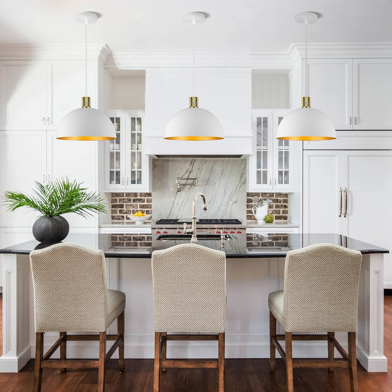 White Gold Pendant Lights Kitchen Island, 11.8" Modern Dome Farmhouse Hanging Lighting for Dining Room Hallway Entryway