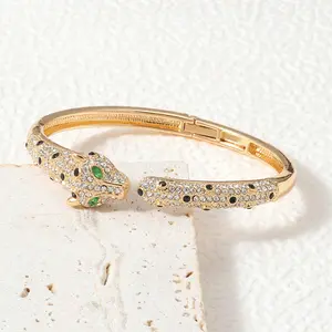 Hip Hop Style Imitation Diamond Leopard Head Open Cuff Bracelet Punk Rock Personality Bracelets for Party Daily Wear