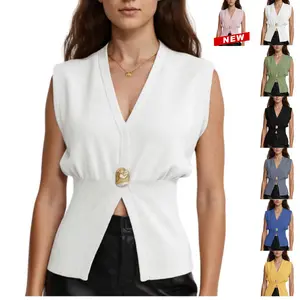 UANEO Womens Vest Tops Button Down V Neck Sleeveless Knit Summer Top for Women