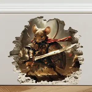 Funny Mouse Stickers - Warrior Knight Mouse in Mouse Hole - Funny Mouse Stickers - Mouse Home Sticker - Mouse Hole Decal - 3d Hole Wall Sticker