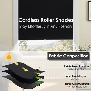 Cordless 100% Blackout Roller Shades for Windows UV Protection Pull Down Room Darkening Blinds Thermal Insulated Fabric for Home Office and Bedroom 22" W x 72" H Black
