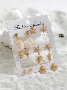 Women's Beach Vacation Style Metal Starfish Shell Pendant Earrings Set, Daily Wear Versatile Jewelry Accessories