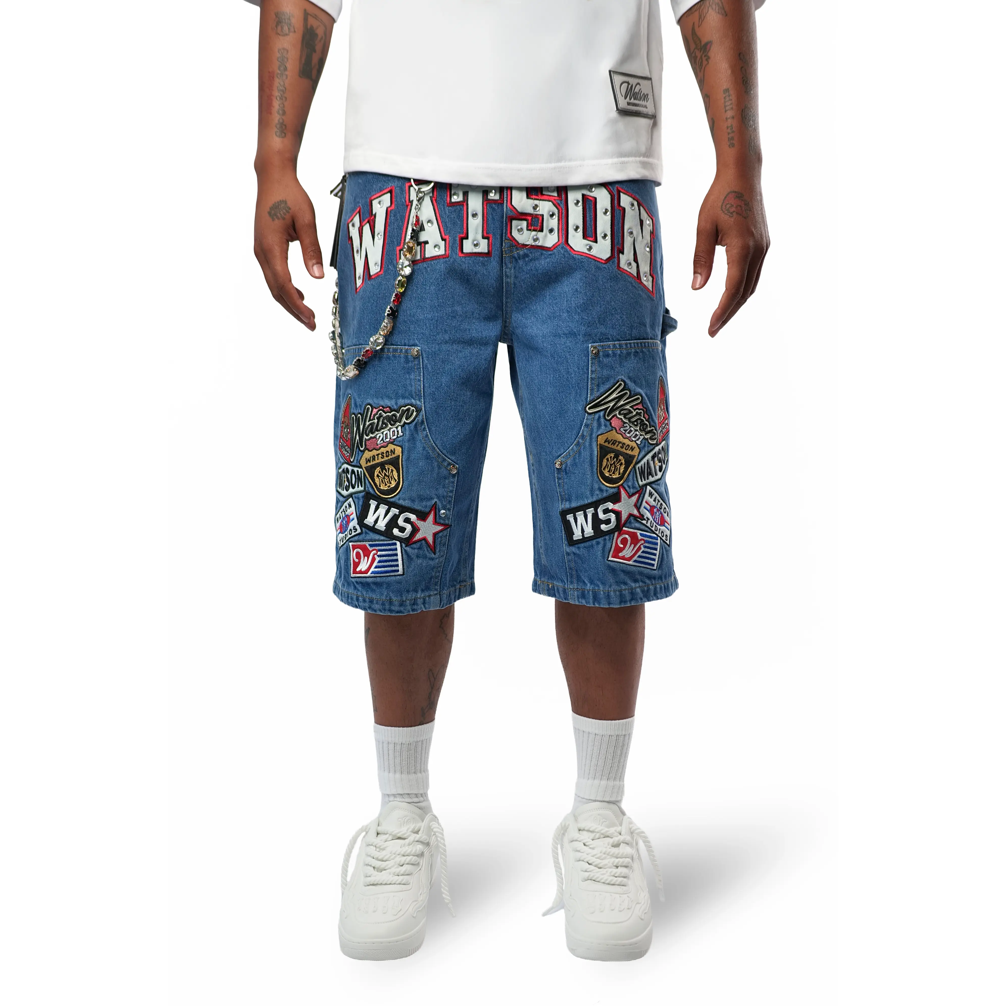 Men's Cotton Patchwork Light Blue Denim Shorts, Watson Menswear Casual Bottoms
