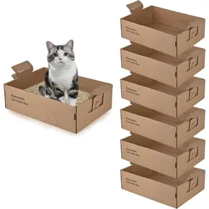 6 Pack Disposable Litter Boxes for Cats, 17.4" x 12.3" x5.4" Large Cardboard Cat Litter Box, Extra Thick Portable Travel Litter Box for Cats, Foldable, Waterproof, Leak Resistant (Large, Count, 6)