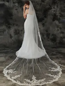 Long Train Veil, Single Layer, Elegant Wedding Accessory, Exquisite Lace Appliqué, Hair Comb, All Seasons, Solid Pattern