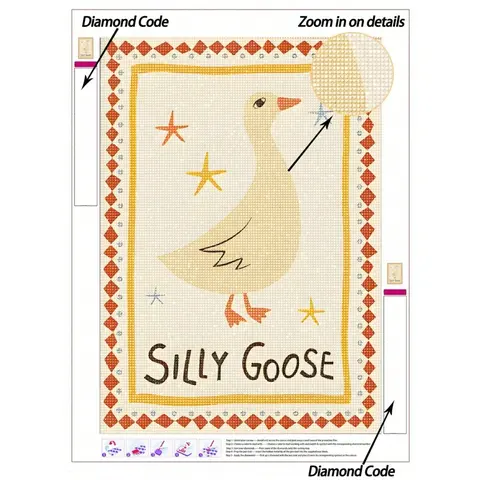 5D DIY Diamond Painting Silly Goose With Star Accents & Playful Text DIY Diamond Art Kit, Diamond Painting Kits, Cream Backdrop & Red-Diamond Framed Border Canvas Wall Art Print. Home Decor Diamond Painting, Mosaic Kit, DIY Your Own Wall Art, Craft