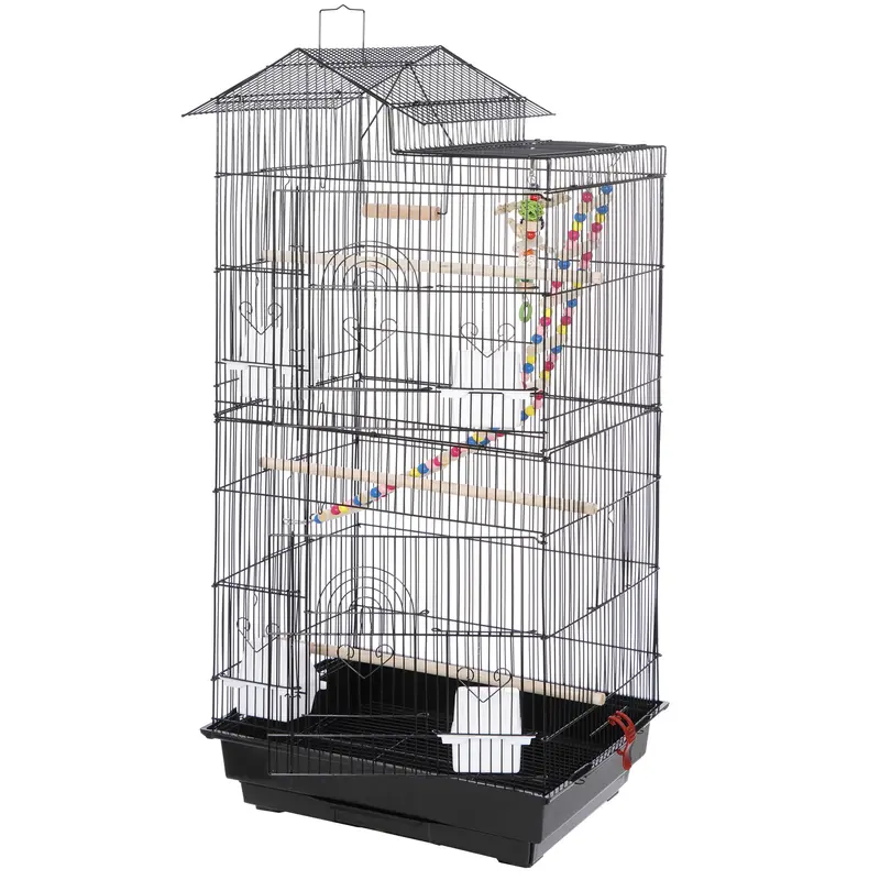 Segawe 39" Stable Wrought Iron Bird Cage - Black Outdoor Weatherproof Parrot Cockatiel House, Bird Supplies, House Shape Flight Cage with Ladder, Swing, Removable Tray, Feeding Door, Locking Wheels, Easy Cleanup, All Seasons, 19.3x14x62 in, 20.1 lbs