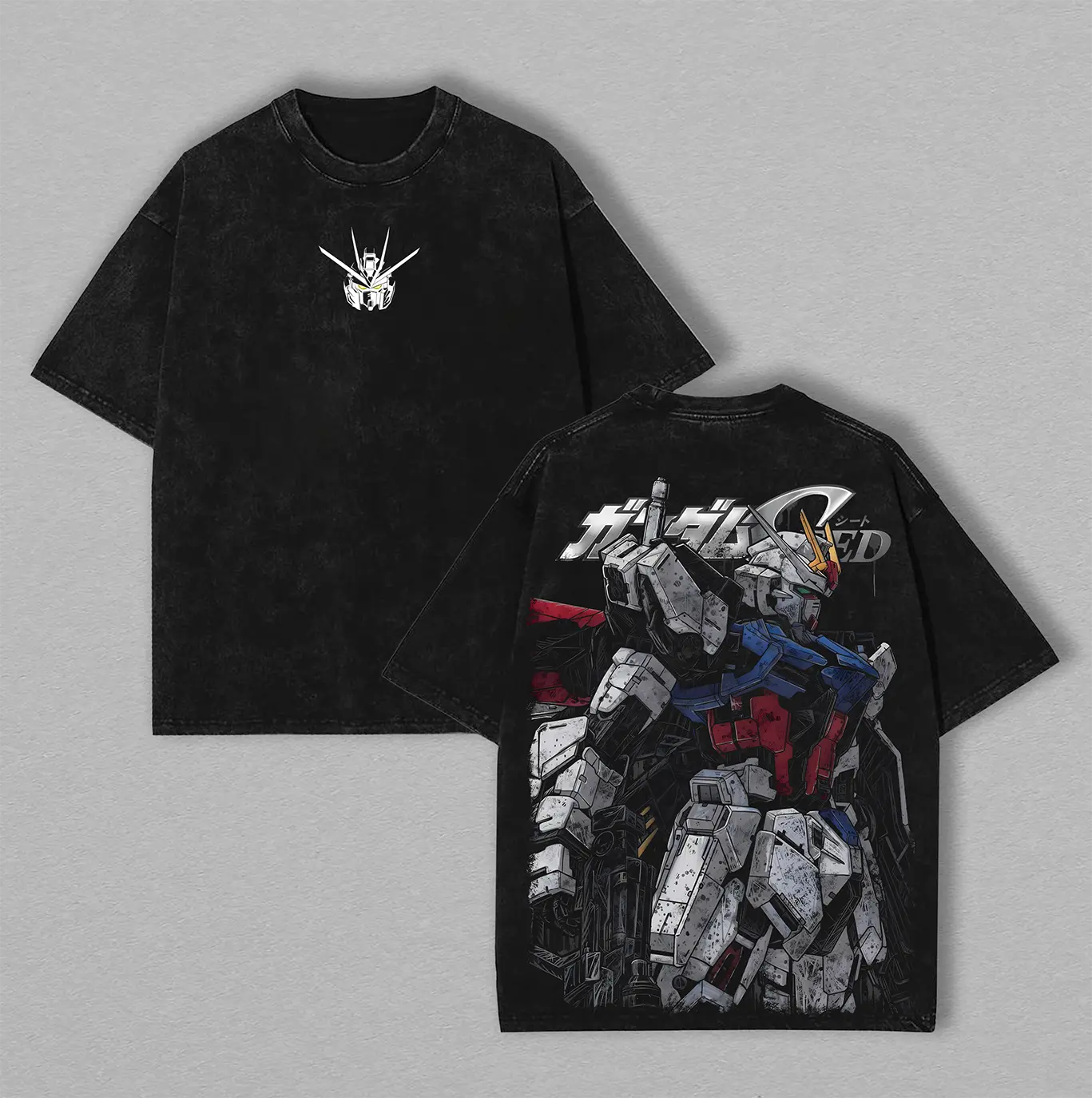 Oversized Mecha Robot Graphic T-Shirt in Vintage Washed 230gsm Cotton for Men & Women, Soft Relaxed Fit Shortsleeve Streetwear Apparel