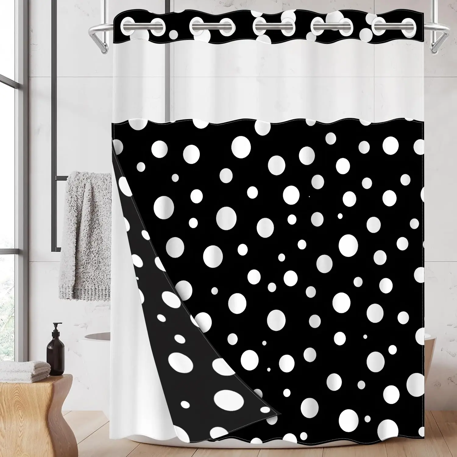 1pc hookless shower curtain with buckle lining, black and white polka dot geometric patchwork design, 2D flat printing, fabric waterproof lining, see-through double-layer shower curtain, 71 x 74 inches, Printed shower curtain, Shower Curtain No Hooks
