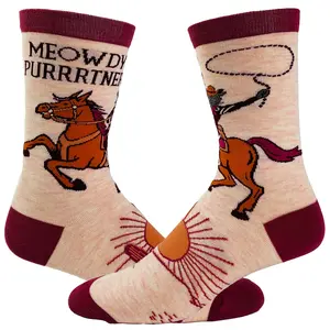 Youth Meowdy Purrtner Socks Funny Howdy Partner Cowboy Cat Novelty Footwear Funny Graphic Socks Comfortable Fitted Spandex Cotton