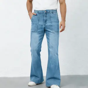 Mens Trendy Flared Denim Jeans Light Wash Wide Leg Streetwear Pants For Young Fashion Guys Weekend Hangout Retro Vibe Flattering Fit Versatile Stylish Trousers Pants Pocket Plain Streetwear distressed fashionable long warm winter