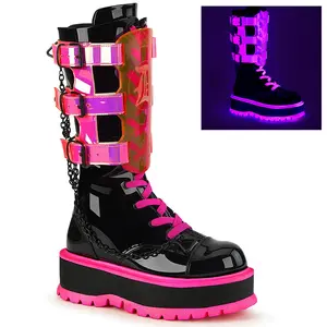 Demonia Slacker-156 Black Patent-UV Neon Pink Ankle Boots