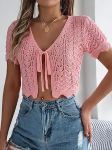 Spring Summer Plain Hollow Out Short Sleeve Knit Cardigan, Casual Scallop Design Fitted Top, Vacation Crop Sweater