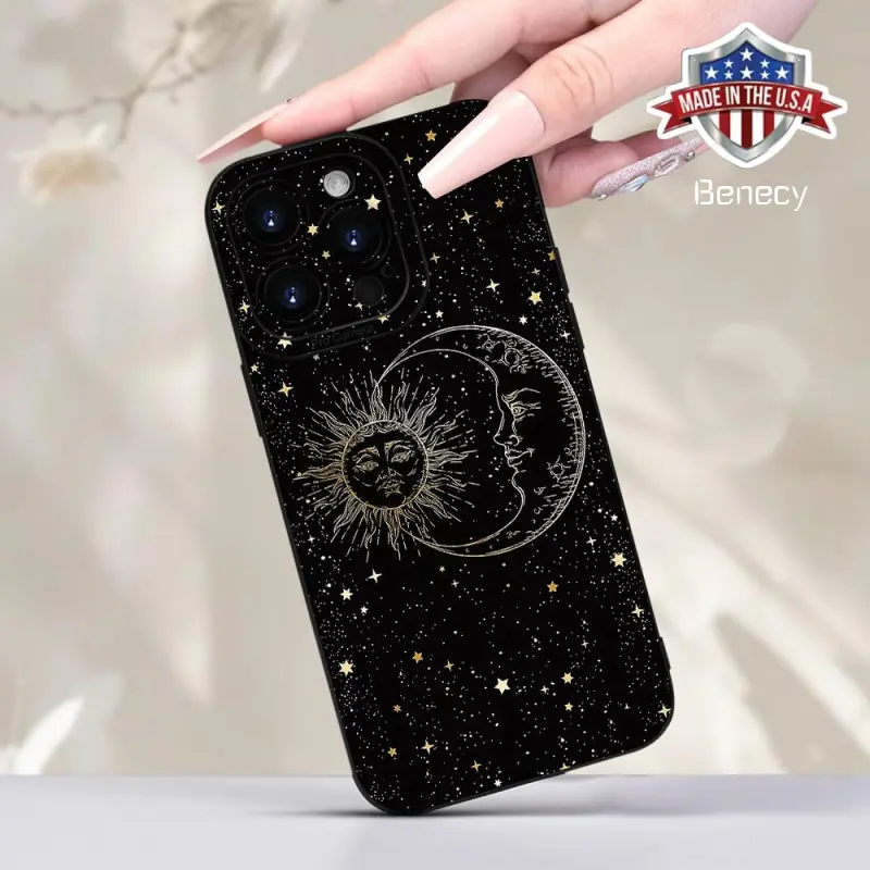 Creative Sun and Moon Print Protective Smartphone Case for iPhone 16,15,14,13,12,11,XS,XR,X,7,8 Plus,Pro,Max,Mini - Handheld Cellphone Protection for Your Devices, Black