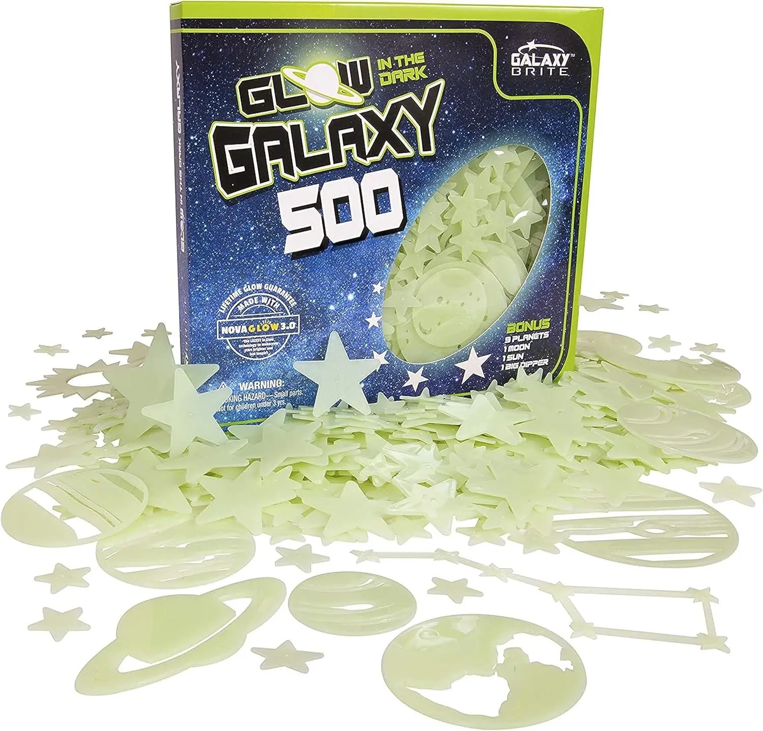 Glow-in-the-Dark Star Decor Light Stickers for Ceiling & Room, 500-Count Assortment with Sun, 9 Stars, Bonus Moon, Entire Big Dipper Constellation & More, Stocking Stuffers
