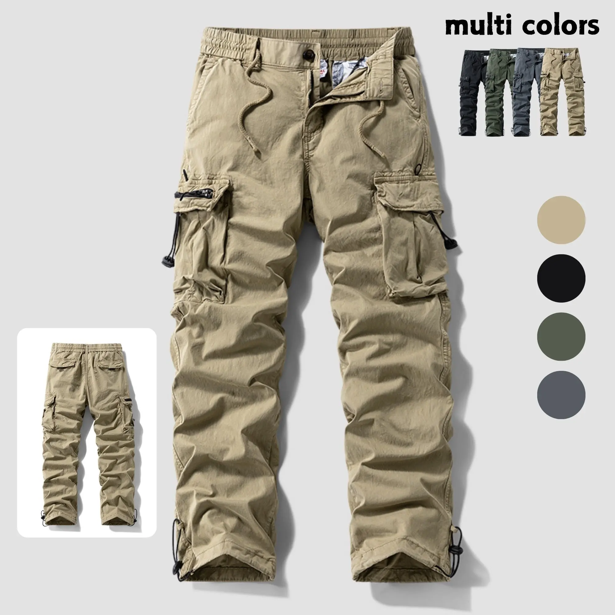 Men’s Vintage Multi-Pocket Expandable Cargo Trousers - Plain Menswear, All Seasons, Drawstring-Adjustable, Versatile Outdoor Casual Long Pants