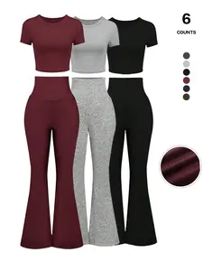 Women's Solid Loungewear Set, Casual Short Sleeve Crop Top & High Waist Flare Leg Pants, Ladies Sleepwear for All Seasons, Pajama Set
