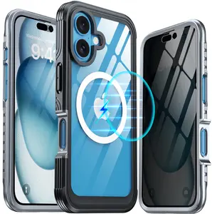 ANTSHARE for Iphone 16 Case, Double Front Frame Built-In 9H Tempered Glass Screen Protector + Privacy Screen Protector, Compatible with Magsafe, Magnetic Phone Case for Iphone 16-Black
