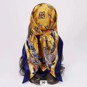 Elegant Yellow and Blue Feather Print Scarf with Geometric Patterns, Perfect for Stylish Outfits