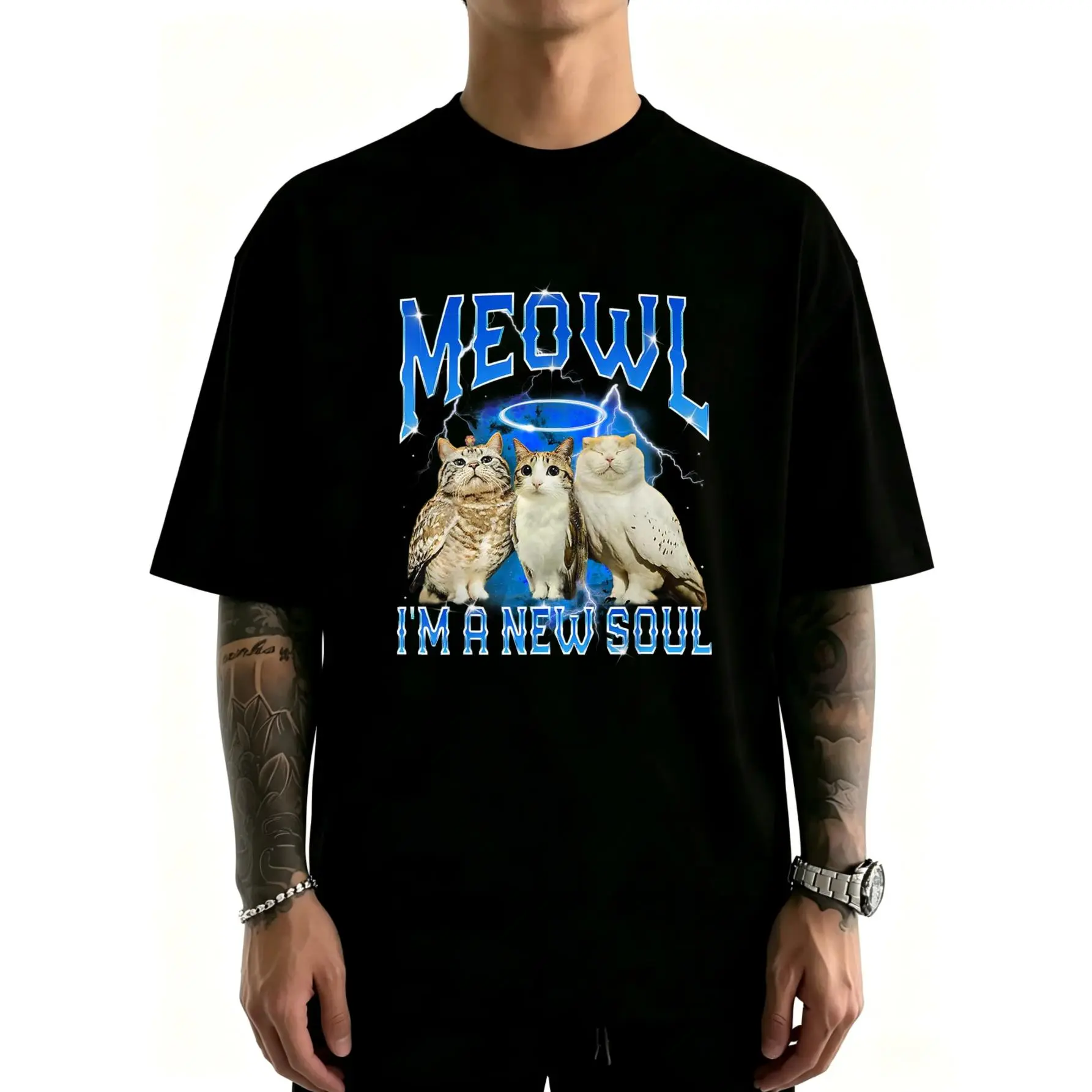 Unisex Cat Owl Funny Cursed Internet Brainrot Bootleg Meowl T-ShirtCotton Clothing Streetwear Men's Top