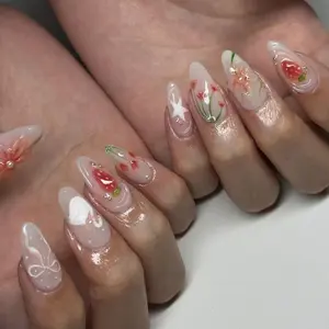 3D Summer Fresh Crystal Strawberry Lily Pearl Sweet Girl Style Wearable Nails 24 Pieces, Medium Length, Plain Surface