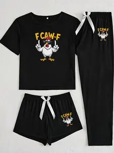 Women's Cartoon Sunglasses Rooster Print Sleepwear Loungewear Set, Casual Fitted Three-Piece Pajamas, All-Season Comfortable Nightwear