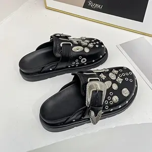 Black PU Cover Stylish Women’s Slip-On Mules with Metallic Charms Thick Sole Round Toe All-Season Comfort for Casual Wear and Beach Use
