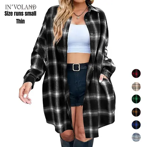 IN'VOLAND Women's Plus Size Plaid Flannel Button-Up Shacket - Basic Simple Oversized Loose Drop Shoulder Long Sleeve Fabric Jacket with Pockets, Outdoor Business Casual Lightweight Fit Tunic Top for Holiday