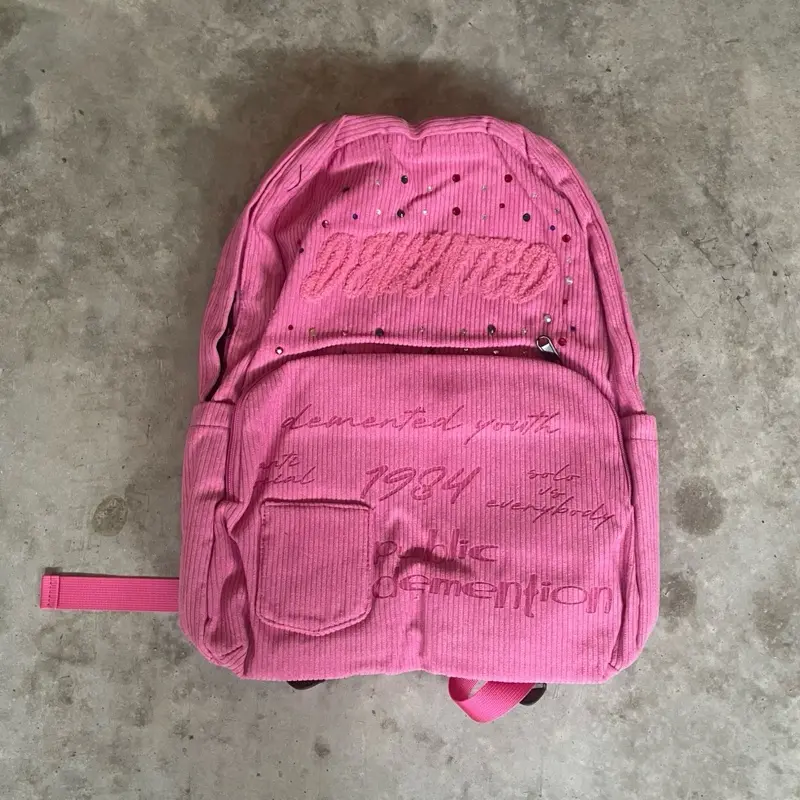 Demented Youth Rhinestone Bag - Corduroy Backpack with Embroidered Logo and Rhinestone Accents