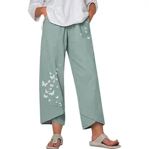 Womens Cotton Linen Capri Pants Drawstring Elastic Waist Loose Fit Yoga Pants Baggy Cropped Trousers with Pockets