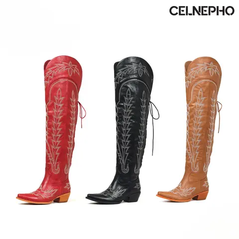 CELNEPHO Womens Cowboy Boots Pointed Toe Back Lace up Classic Western Embroidered Chunky Block Heel Over the Knee Boot Easy Pull on Side Zipper Comfy Long Tall Gift Horse Riding Country Wedding Cowgirl Festival Cosplay Party Work Casual Wear Dressy Shoes