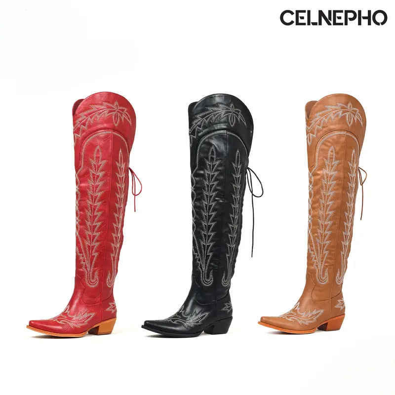 CELNEPHO Womens Cowboy Boots Pointed Toe Back Lace up Classic Western Embroidered Chunky Block Heel Over the Knee Boot Easy Pull on Side Zipper Comfy Long Tall Gift Horse Riding Country Wedding Cowgirl Festival Cosplay Party Work Casual Wear Dressy Shoes