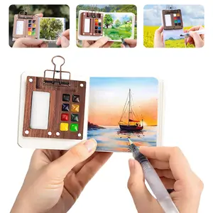 Mini Travel Watercolor Palette Set,Travel Watercolor Set,Pocket Artist Water Color Travel Set with Colours, Binder Clips, Watercolor Pens, Wooden Paint Box for Artists Painters Students (12 Colors 8 Grid Set)