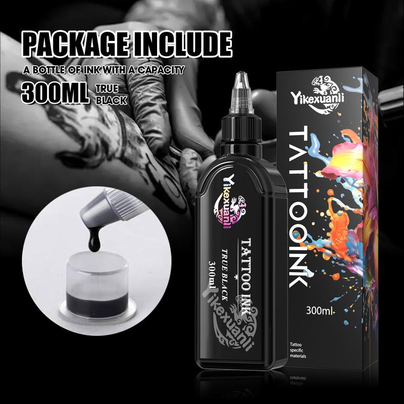 300ml Large-Capacity Black Tattoo Ink Set: Long-Lasting Pigment Formula for Bold Body Art, Also Works for Halloween Cosmetics/Face Paint – Includes Matte & Black Glitter Variants