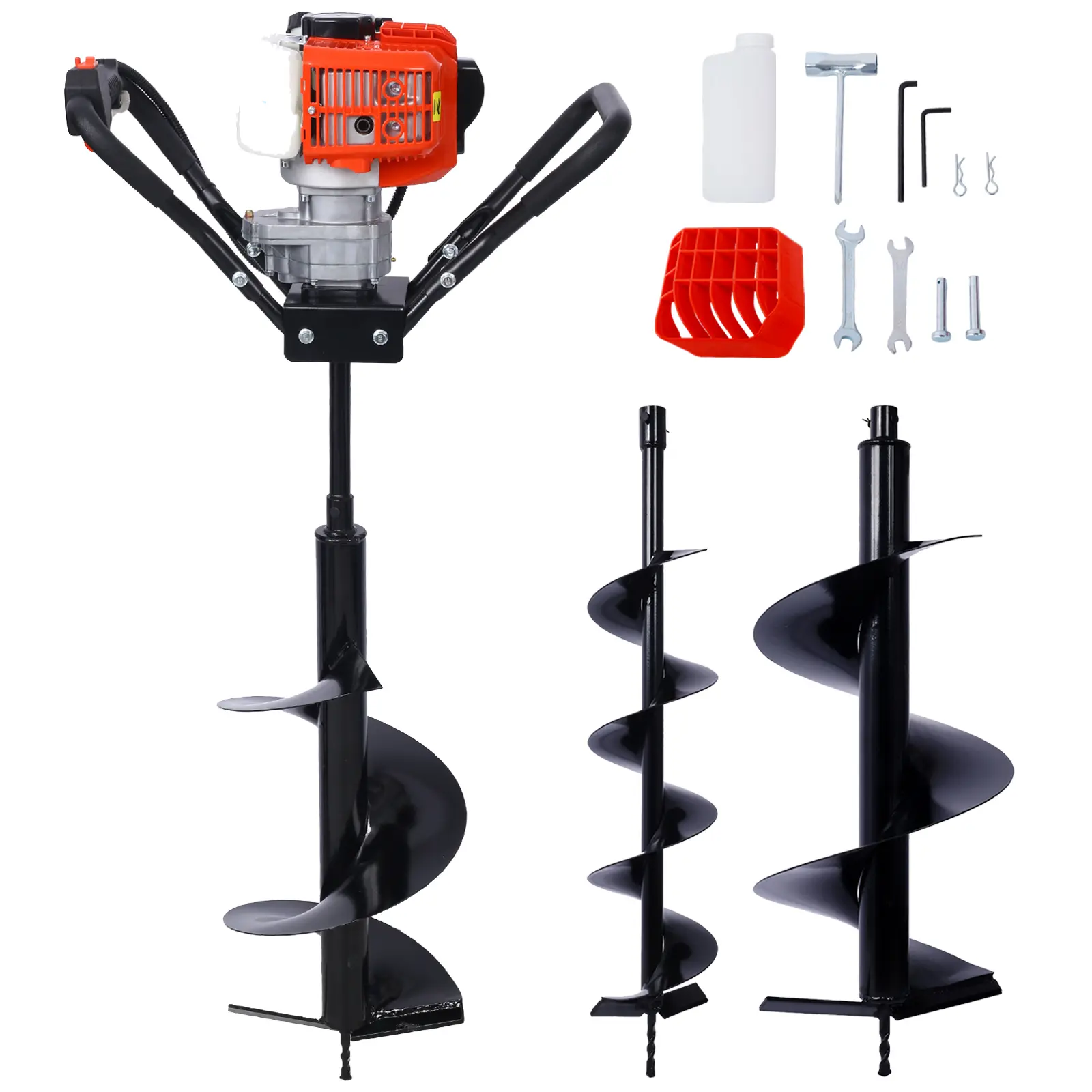 52CC EPA-Certified 2-Stroke Gas Post Hole Digger Auger Set, 1.7 HP, Finger Grip, Quick-Start Function, Translucent Fuel Tank, 6" 10" 12" Auger Bits