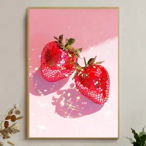 1pc Unframed, Fashion Fruit Poster,Pink Disko Strawberry Light Ball Canvas Prints, Wall Art, College Style Wall Painting For Gift, For Bedroom, Living Room, Wall Decor, Home And Dormitory Decoration Gifts Birthday Graduation
