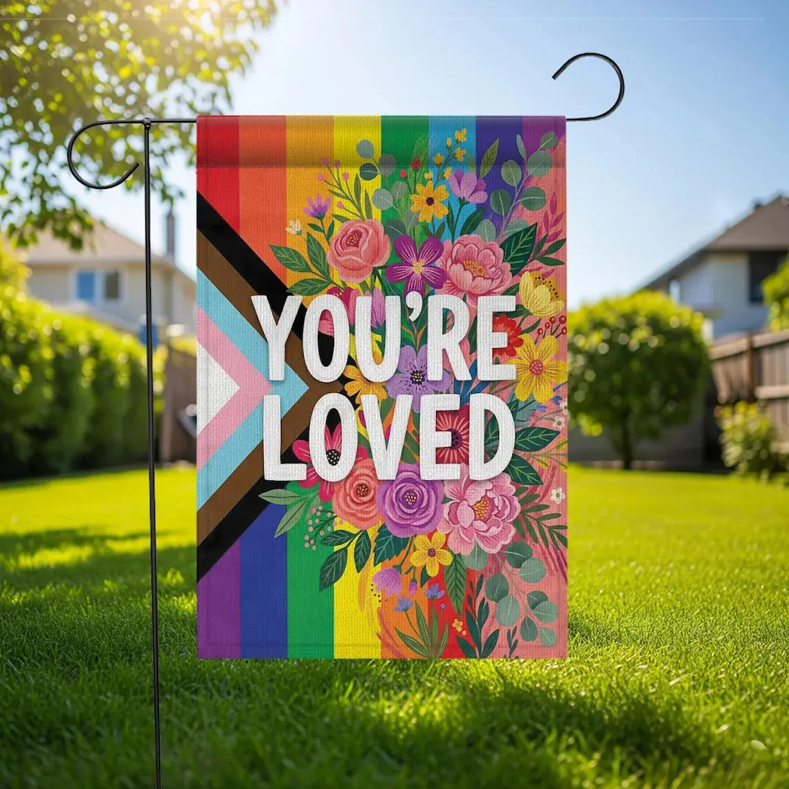 Floral Progress Pride Garden Flag, You're Loved LGBTQ Yard Decor, LGBTQ+ Pride Rainbow Banner, Gay Pride flag, Outdoor Decorations