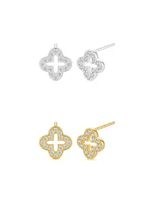 S925 Silver Four-Leaf Clover Earrings | Gold & Silver Tone Clear Cubic Zirconia Studs, Hypoallergenic Fashion Jewelry Set